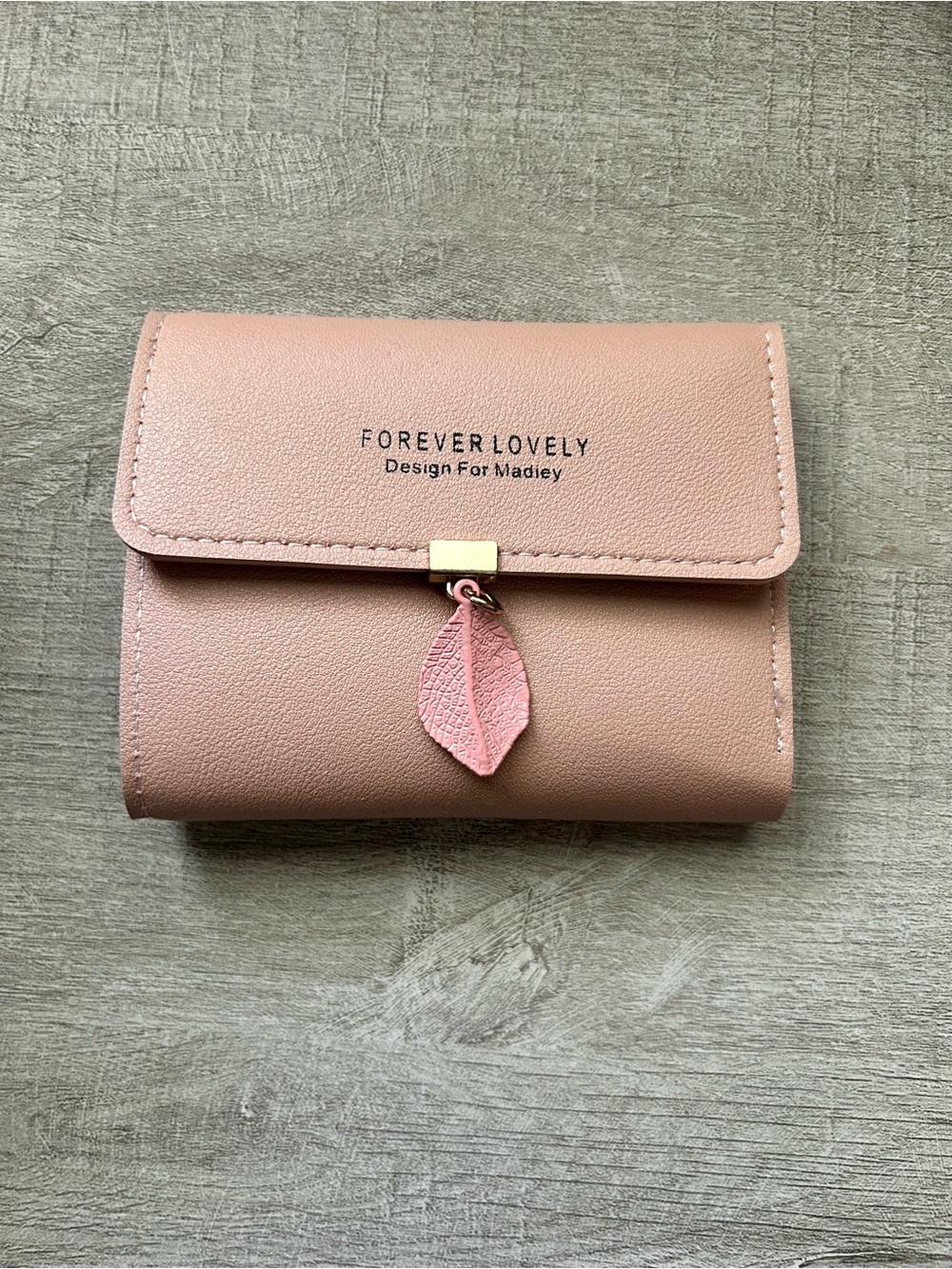 Pink Trifold Wallet with Leaf Charm